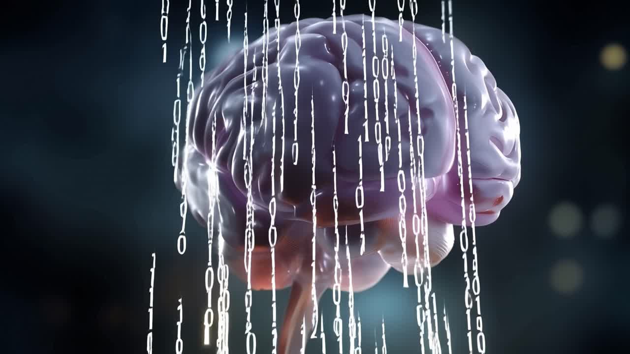 A mesmerizing visualization of a brain surrounded by streams of digital data represented as cascading binary code, illustrating the connection between mind and technology