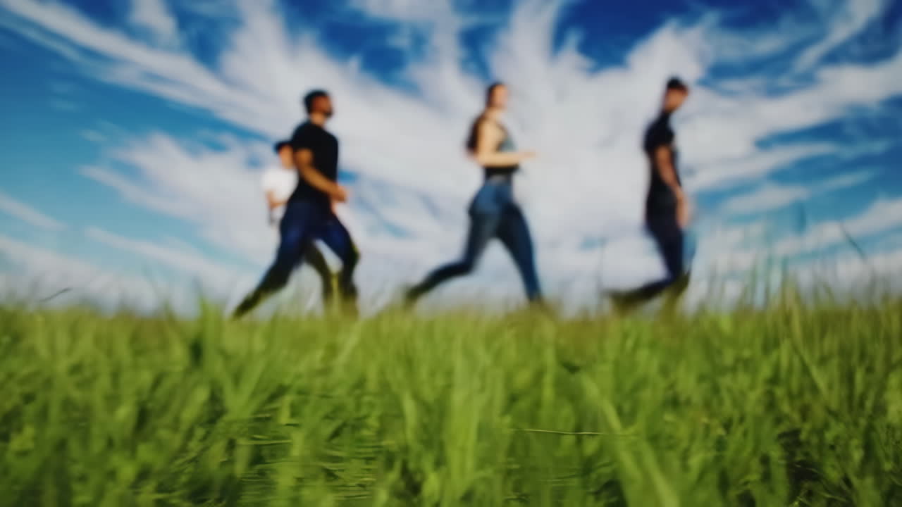 People walking through a grassy field under a blue sky