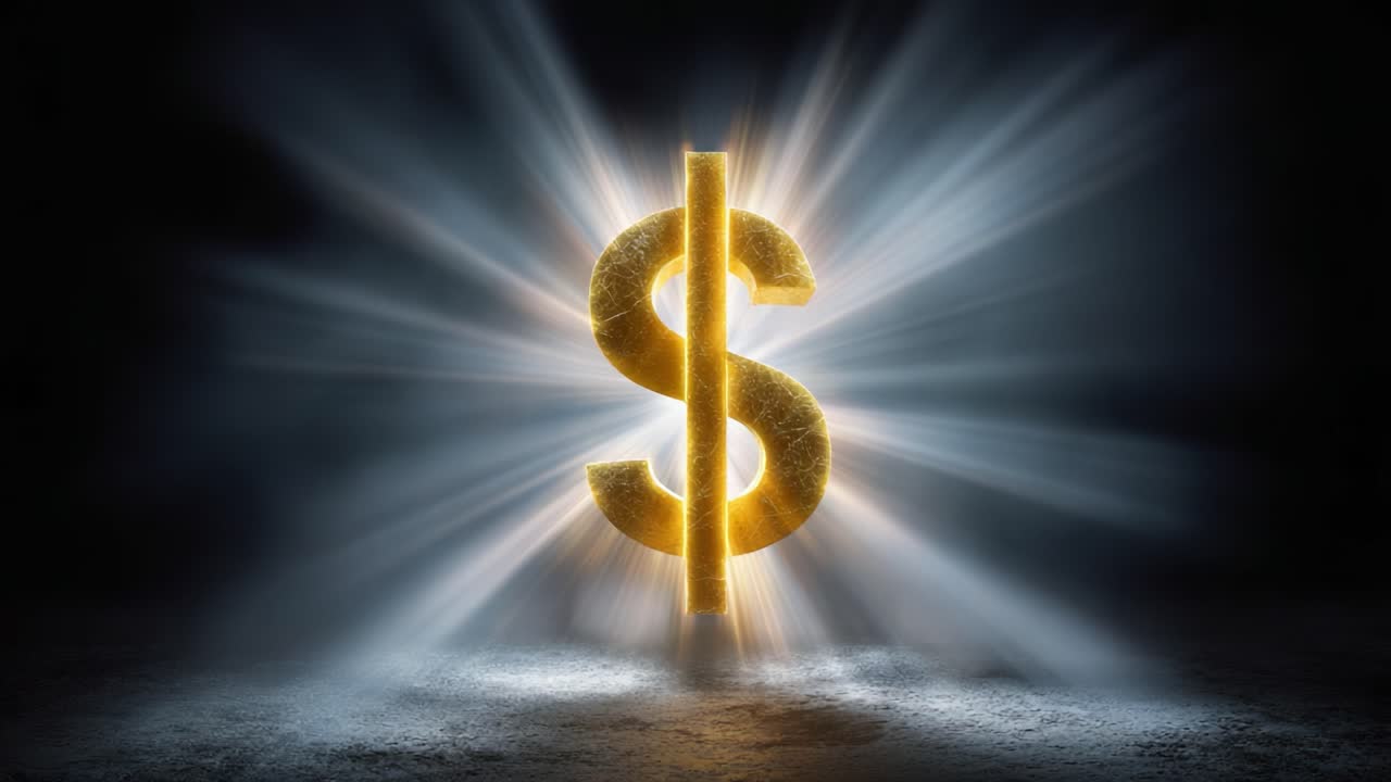 Shimmering Golden Dollar Sign Illuminated in a Dark Environment, Symbolizing Wealth, Prosperity, and Financial Success with a Dramatic Halo Effect