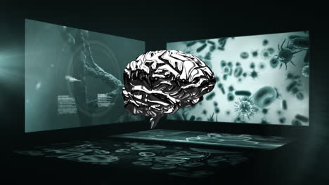 animación del cerebro 3d girando con la pantalla del científico en el fondo