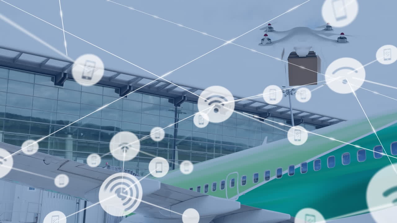 패키지를 운반하는 드론을 통해 아이콘으로 연결된 네트워크의 애니메이션