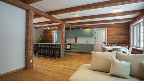 panning view of a rustic model home's interior in the countryside