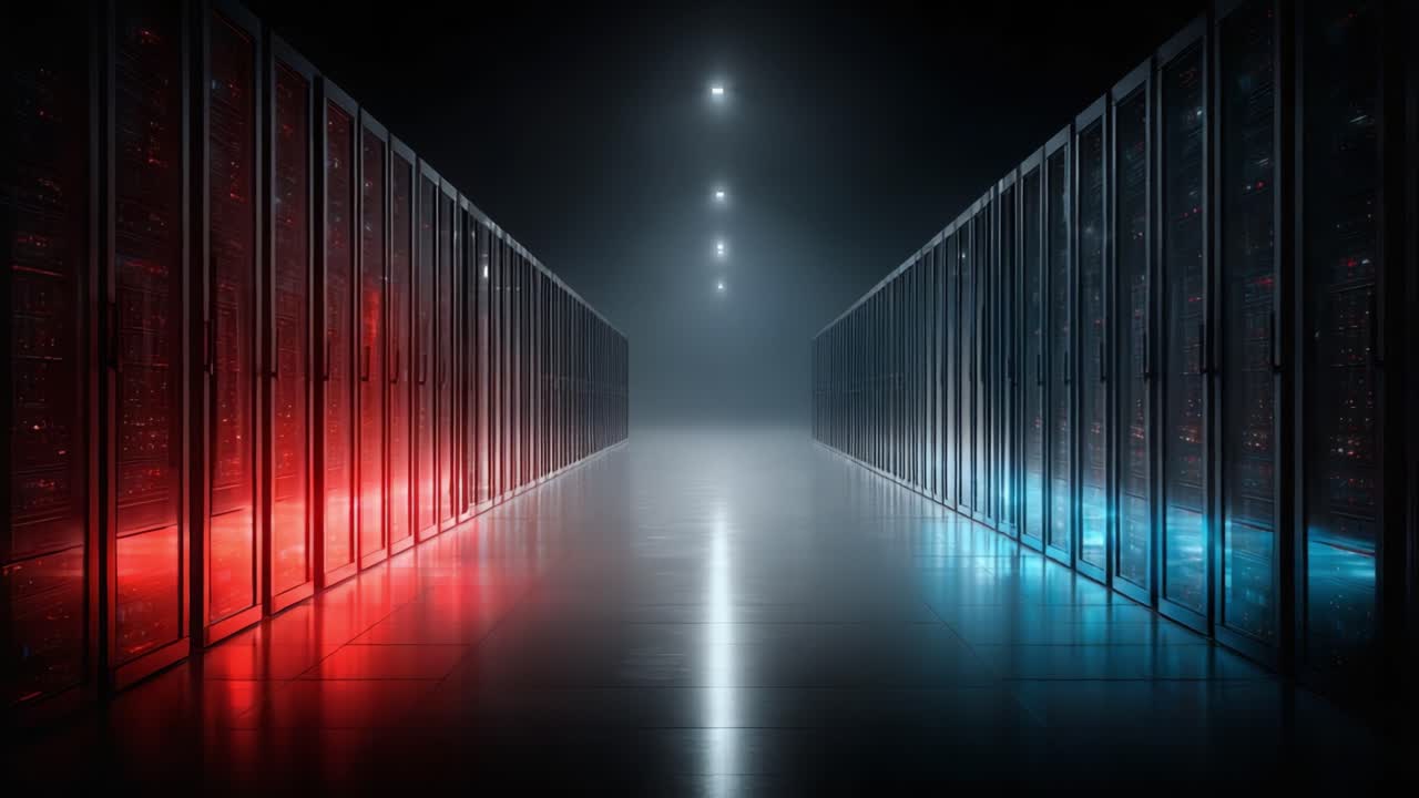 En mystisk teknologikorridor: To rækker af glødende servere i rødt og blåt lys skaber et futuristisk miljø, der fremkalder en følelse af innovation og forbindelse.