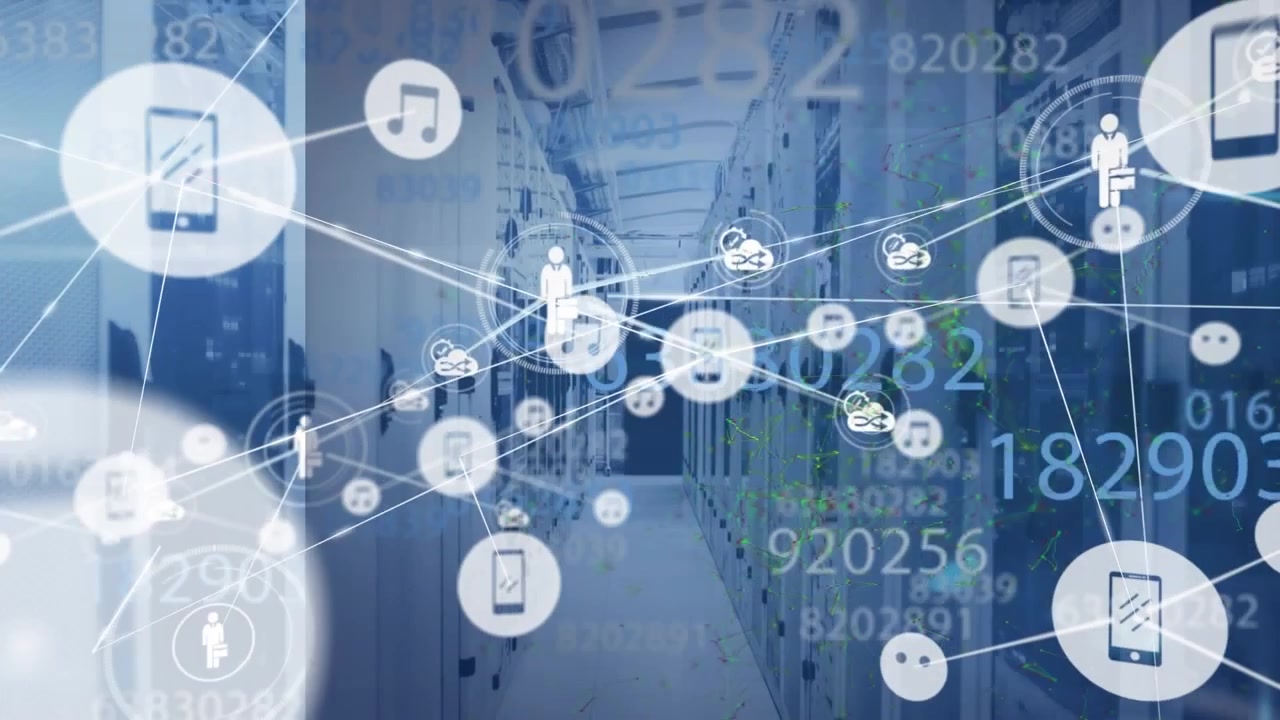 HUD fading in, network map growing over data center aisle linking devices showing network traffic