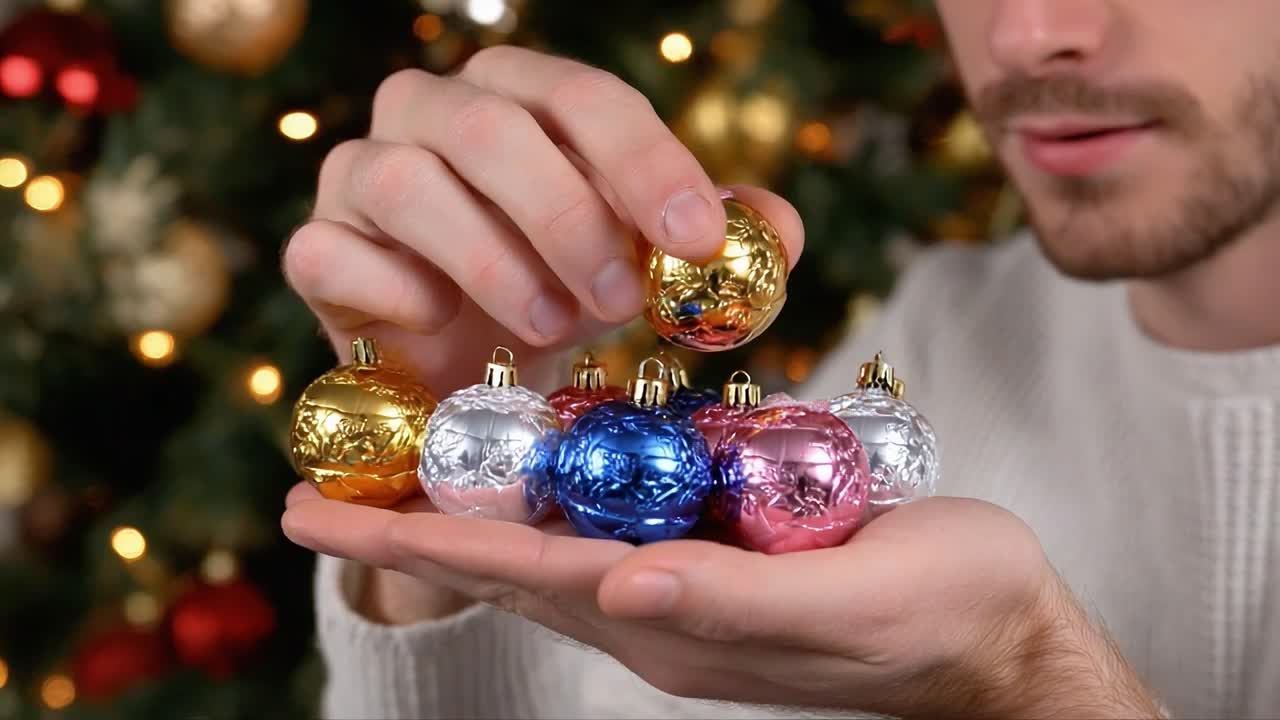 A Person Delicately Arranging Colorful Christmas Ornaments in Their Hands Surrounded by a Festive Holiday Background Filled with Glimmering Lights and Decor