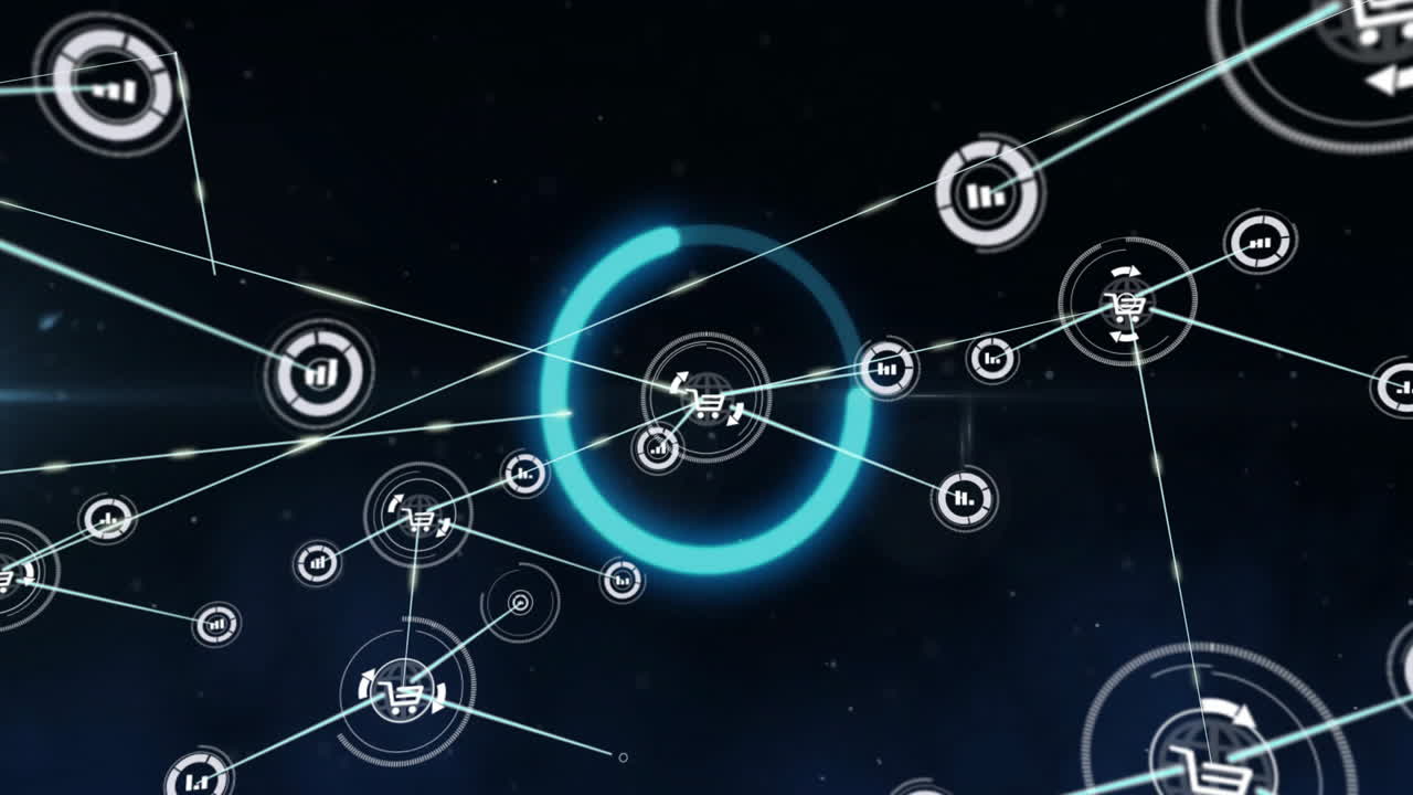 Animation of interconnected digital icons and lines on dark background