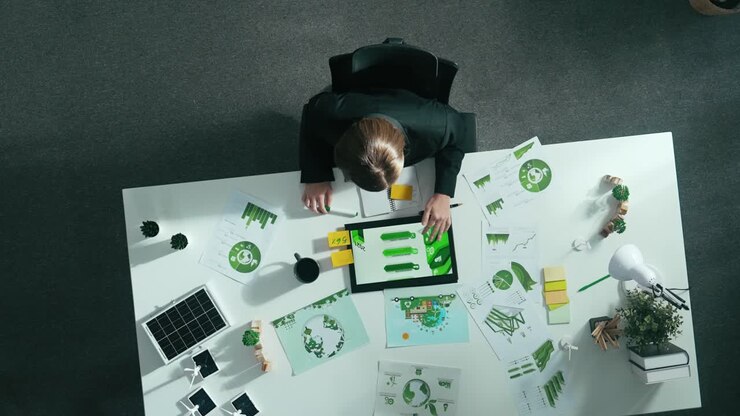 Top view of smart manager making decision about green business. Alimentation.