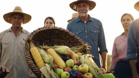 celebrating the harvest: a joyful gathering of farmers showcasing their bountiful crop of fresh fruits and vegetables in natural light