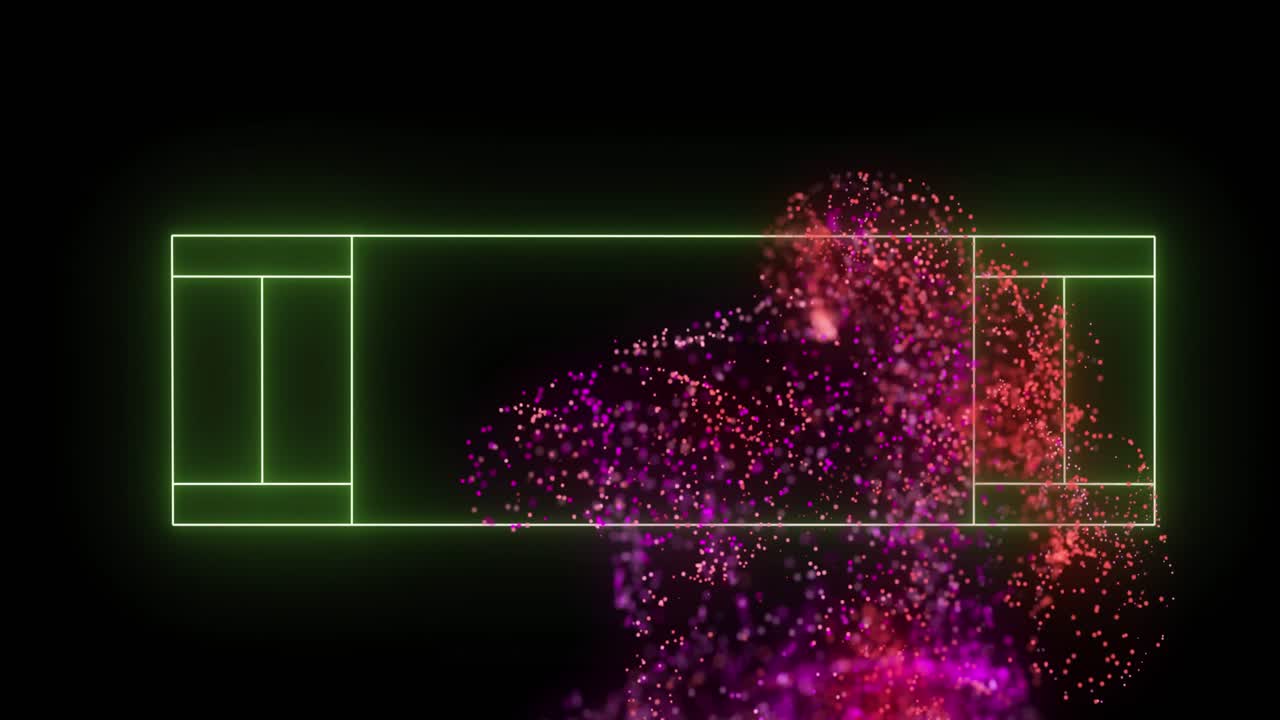 검은색 배경에 네온 녹색 럭비 피치 레이아웃을 통해 빨간 디지털 파동의 애니메이션