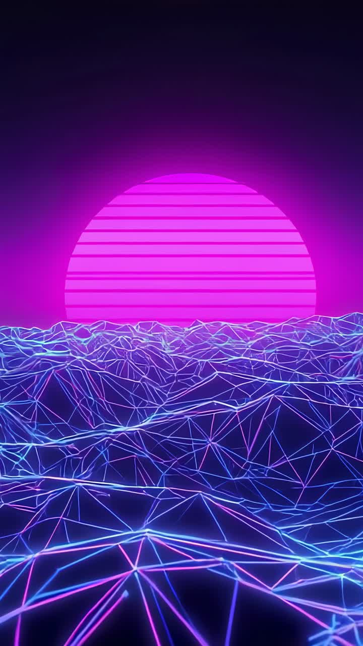 Vertical video: Animation starting wireframe ocean undulating inward in retro sea, with magenta sun