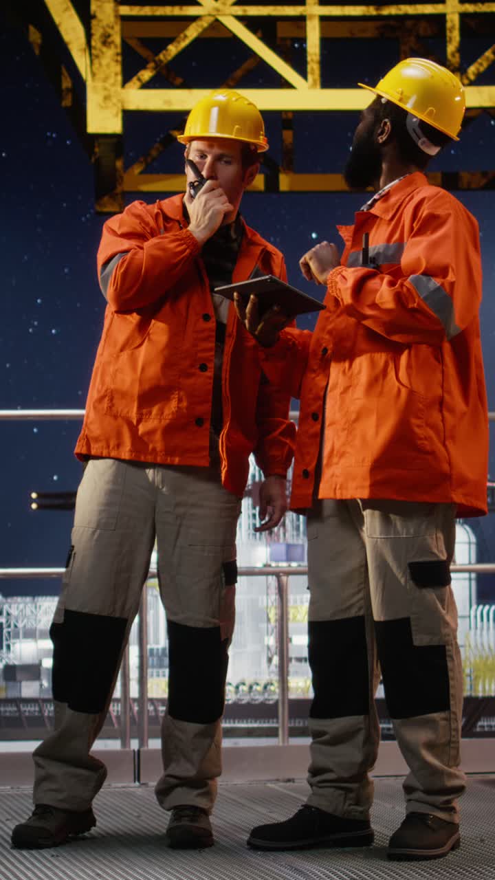 Vertical Video Industrial workers communicating via radio devices performing inspection