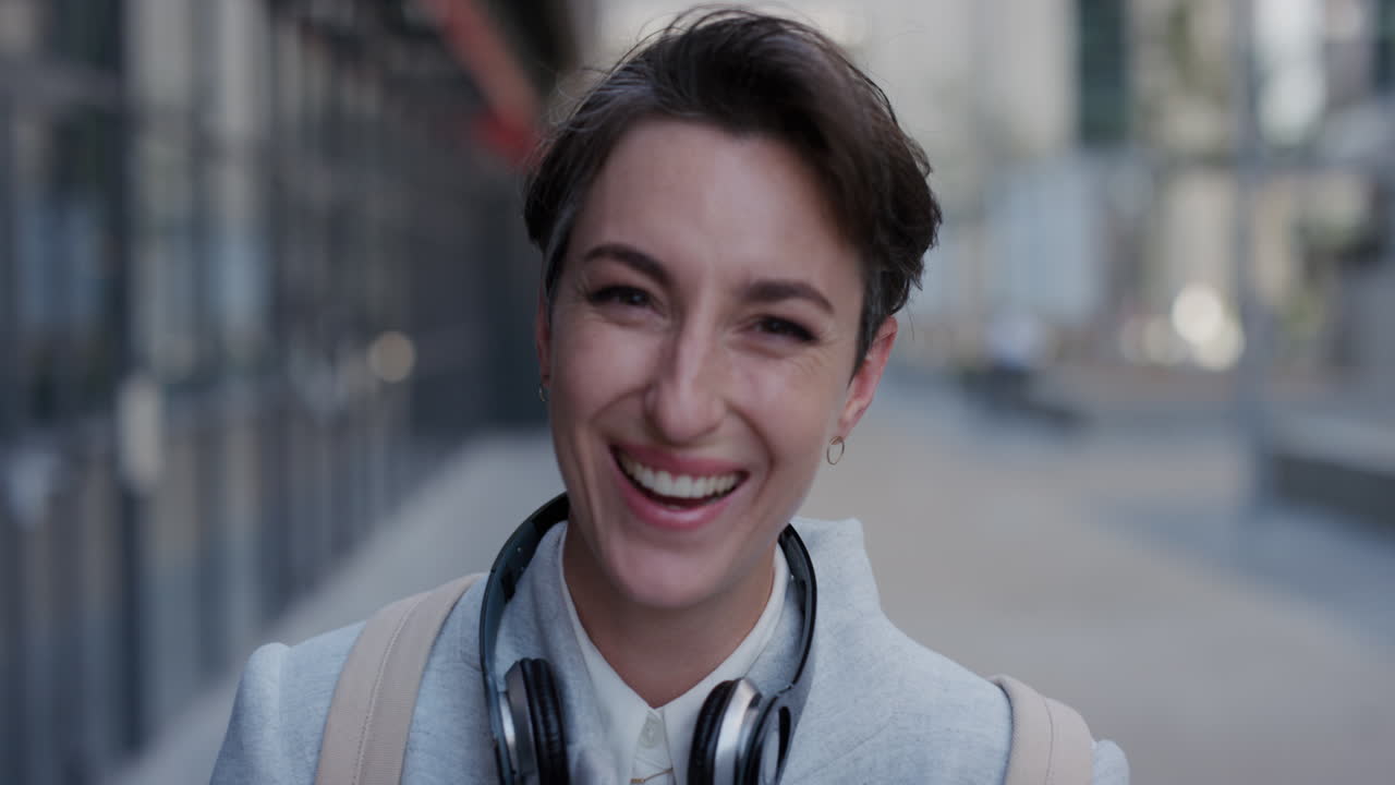 ritratto giovane donna d'affari felice che ride godendo del successo della carriera professionale in città urbana slow motion rilassata spensierata