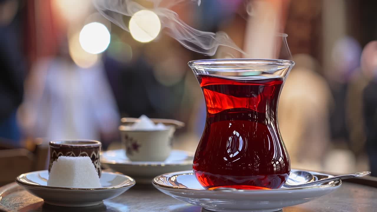Close-up of steaming tea in a glass, shot at eye level