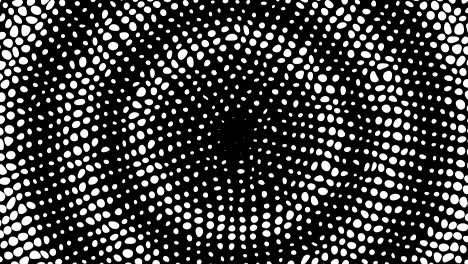 halfton pattern background. a circle, spiral of white dots on a black background. animation of wave motion. particles and points.