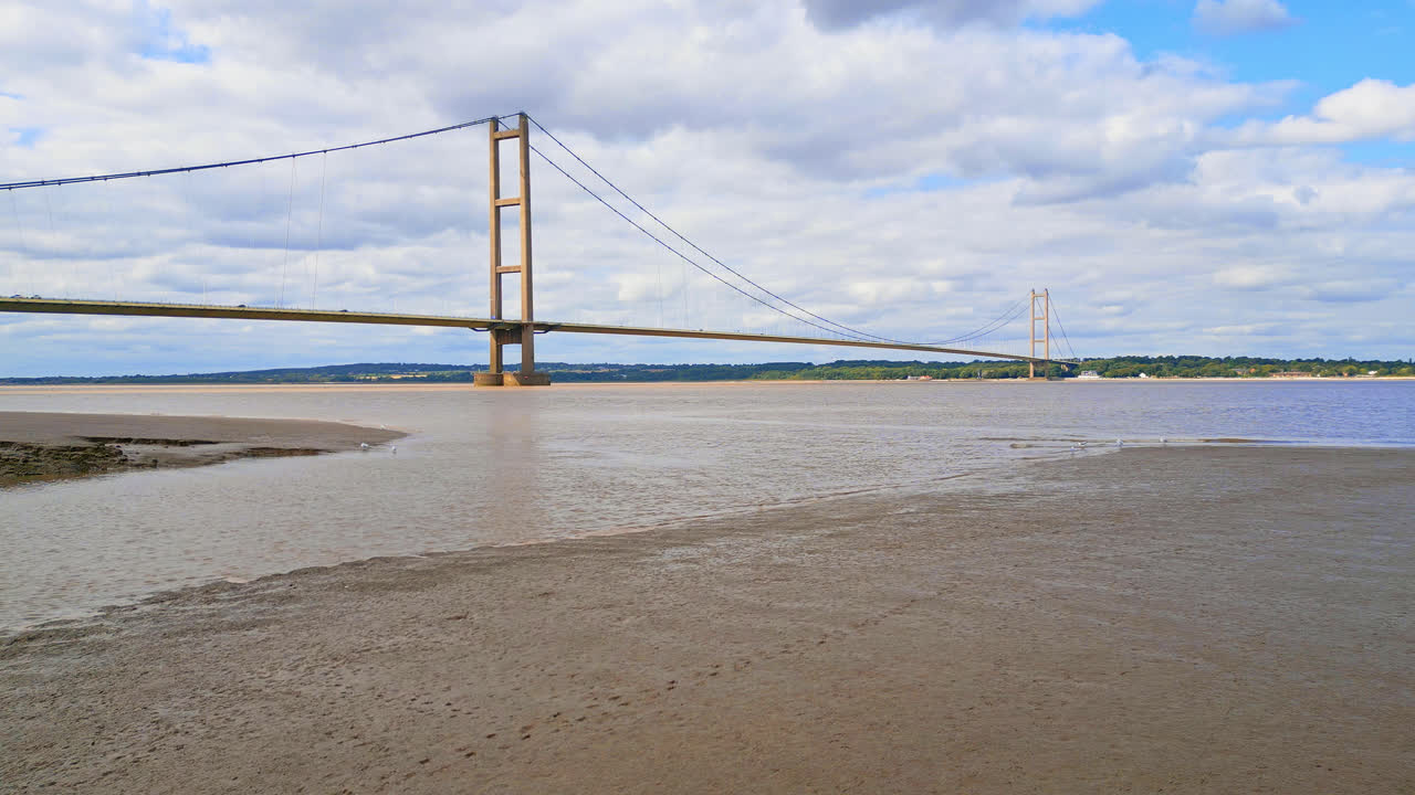 Aerial perspective: Humber Bridge, river, traffic, Lincolnshire to Humberside