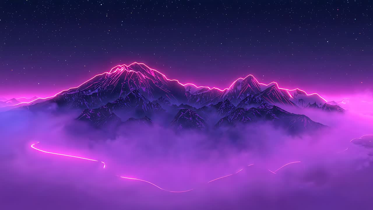 Panning camera revealing neon-rimmed mountain range at night, showing magenta path and accents