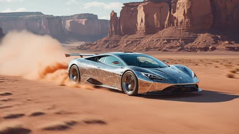 futuristic sports car speeds through desert landscape