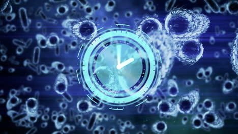 animación del reloj y el escáner circular que gira sobre las células de covid 19, en azul