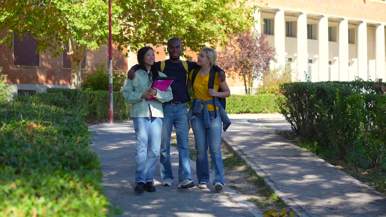 Diverse group of students walking on university campus