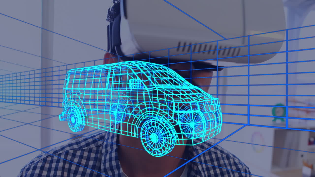 animación de dibujo 3d digital de un coche sobre un hombre usando auriculares vr