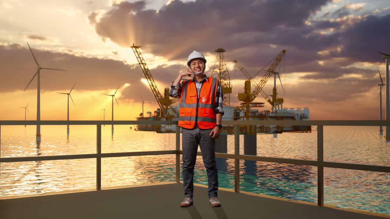 cuerpo lleno de ingeniero masculino asiático con casco de seguridad sonriendo a la cámara y haciendo el gesto de llamarme mientras estaba de pie con la producción de hidrógeno en alta mar