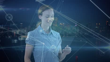 Animation-of-caucasian-businesswoman-using-tablet-and-network-of-connections-over-cityscape