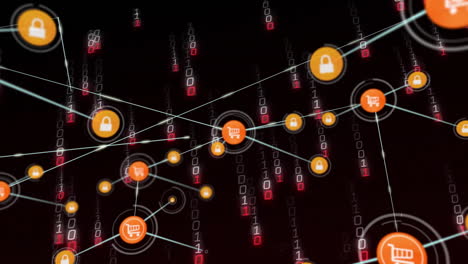 Animation-Eines-Netzwerks-Von-Verbindungen-Mit-Symbolen-über-Die-Datenverarbeitung-Mit-Binärcodierung