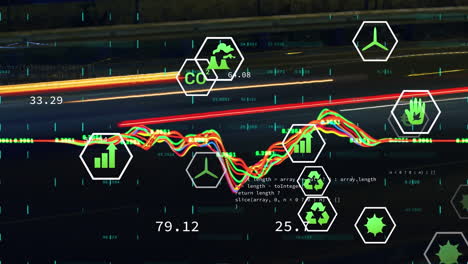 animación del procesamiento de datos sobre iconos de energía ecológica
