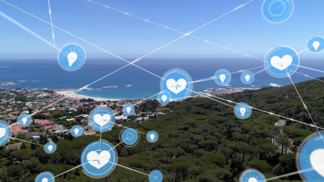 도시 풍경 위의 아이콘으로 연결된 네트워크의 애니메이션