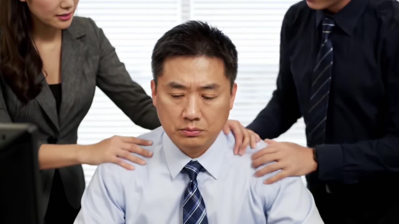 An employee sits at his desk looking serious while a colleague stands behind him, seemingly preparing to give important feedback. The atmosphere feels tense as the meeting progresses.