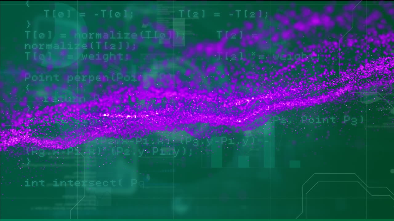 Purple digital wave over multiple screens with data processing against green background