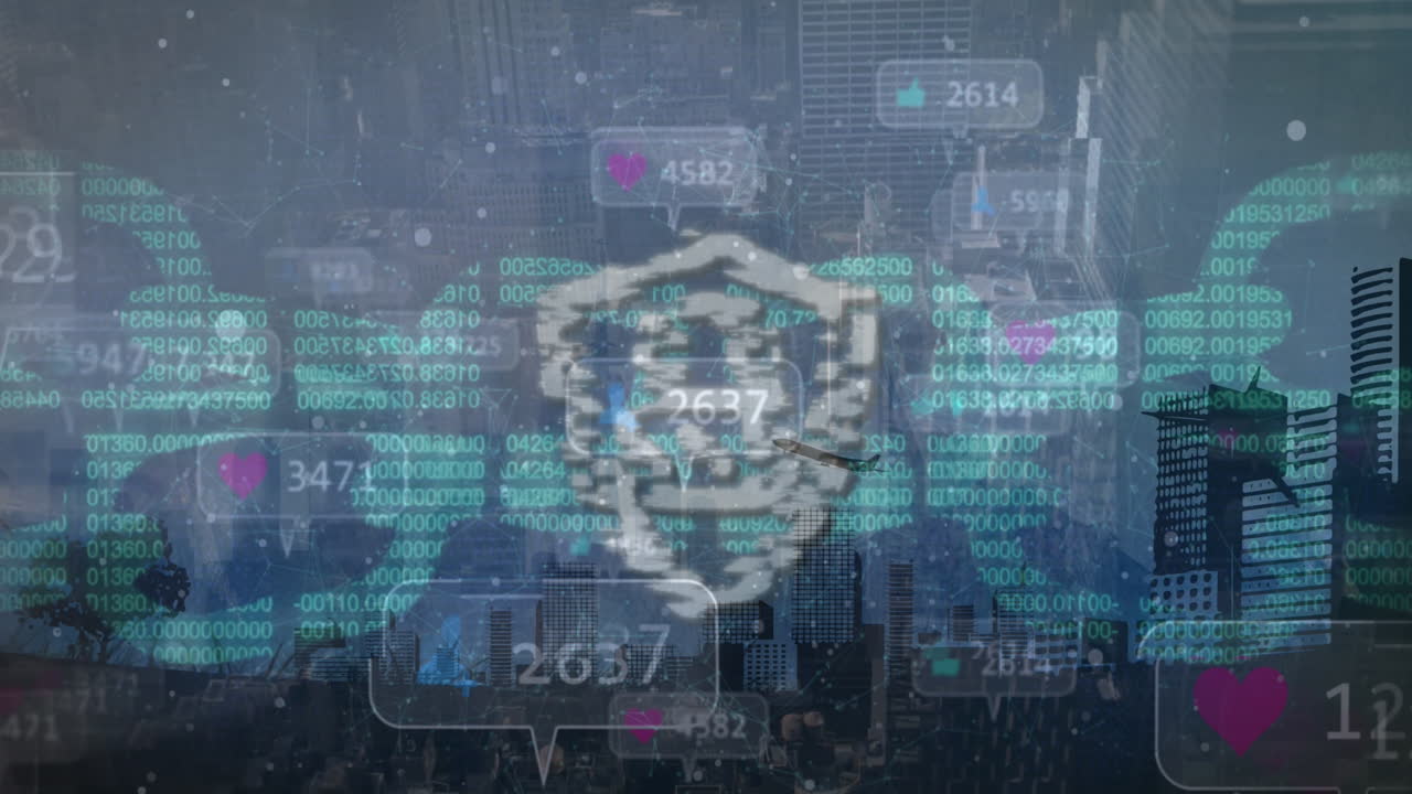 значки замка и цепи безопасности против нескольких речевых пузырьков, плавающих над городским пейзажем