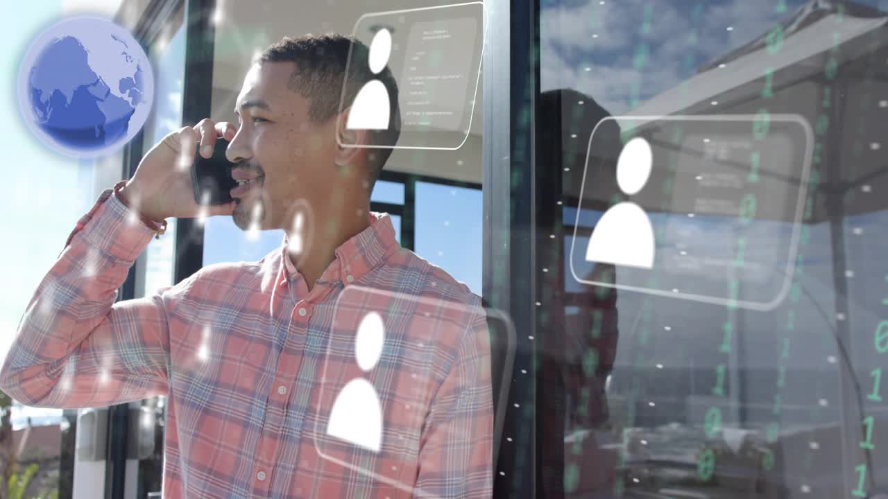 Mid-adult man raising phone and calling on balcony, overlaying tech network UI connecting contacts