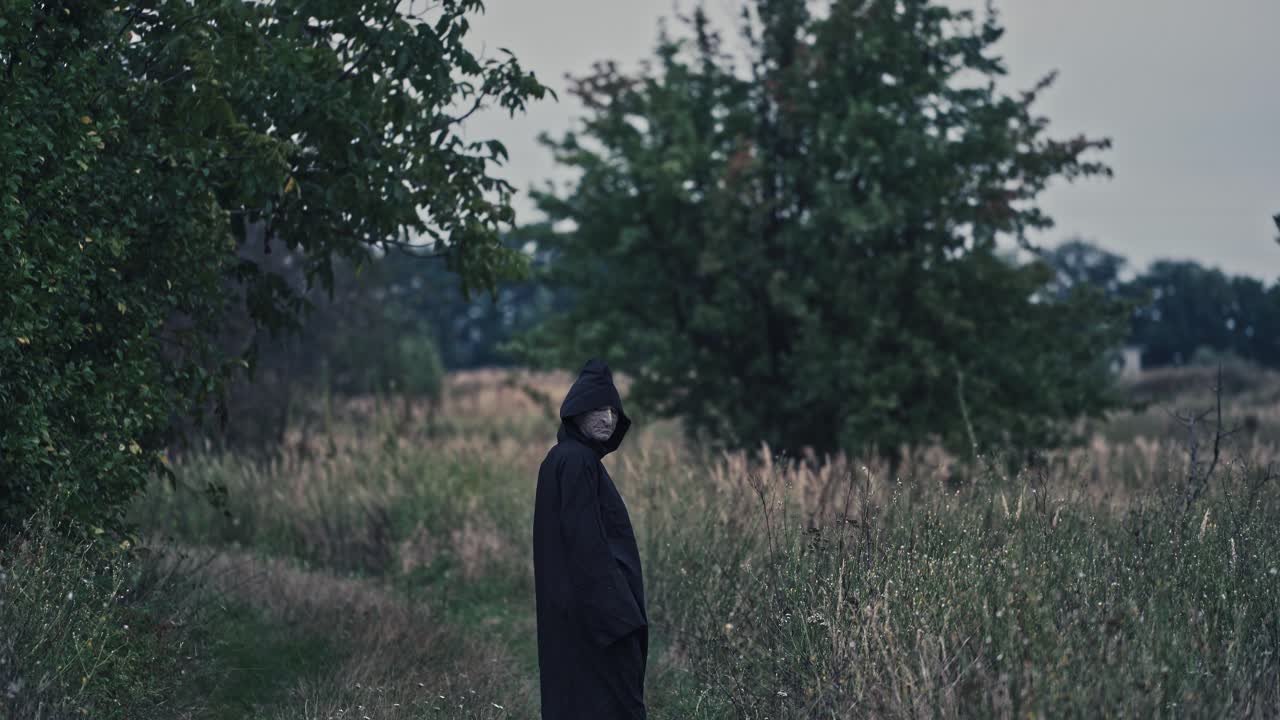 Ghost wandering in nature. Hooded ghostly figure in countryside field