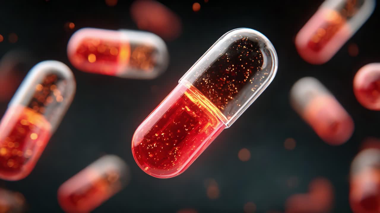 Dynamic View of Colorful Capsules Floating in Darkness with Sparkling Glitter Effect, Showcasing the Intriguing Design and Texture of Pharmaceutical Medication