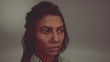 portrait of curly brunette dark-skinned woman