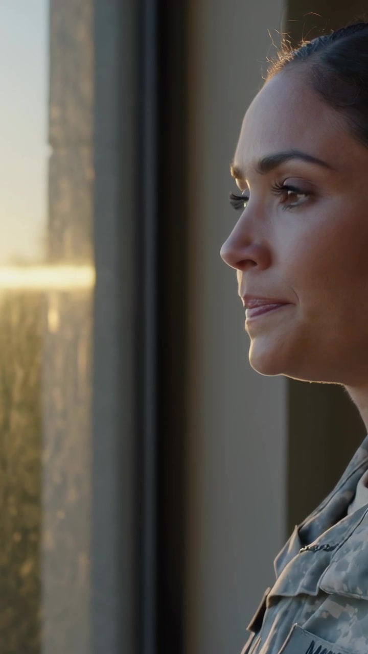 Vertical video: Facing woman in camo at window gazing as sun moves, thinking of duty, copy space
