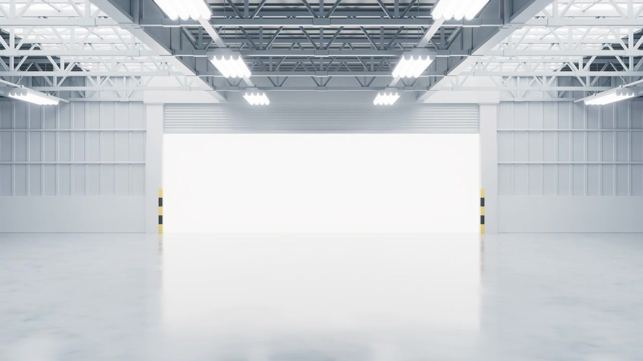 Opening the industrial factory entrance door, interior of warehouse, 3d rendering.