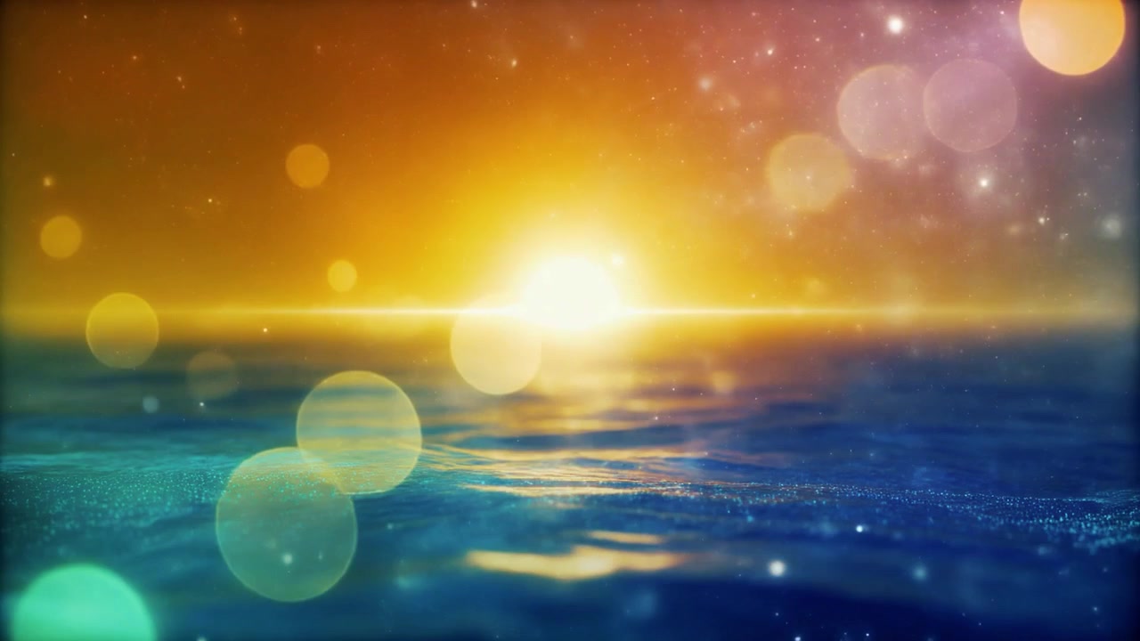 抽象金色日落映照在平靜的海洋波浪上，伴隨散景光影效果。