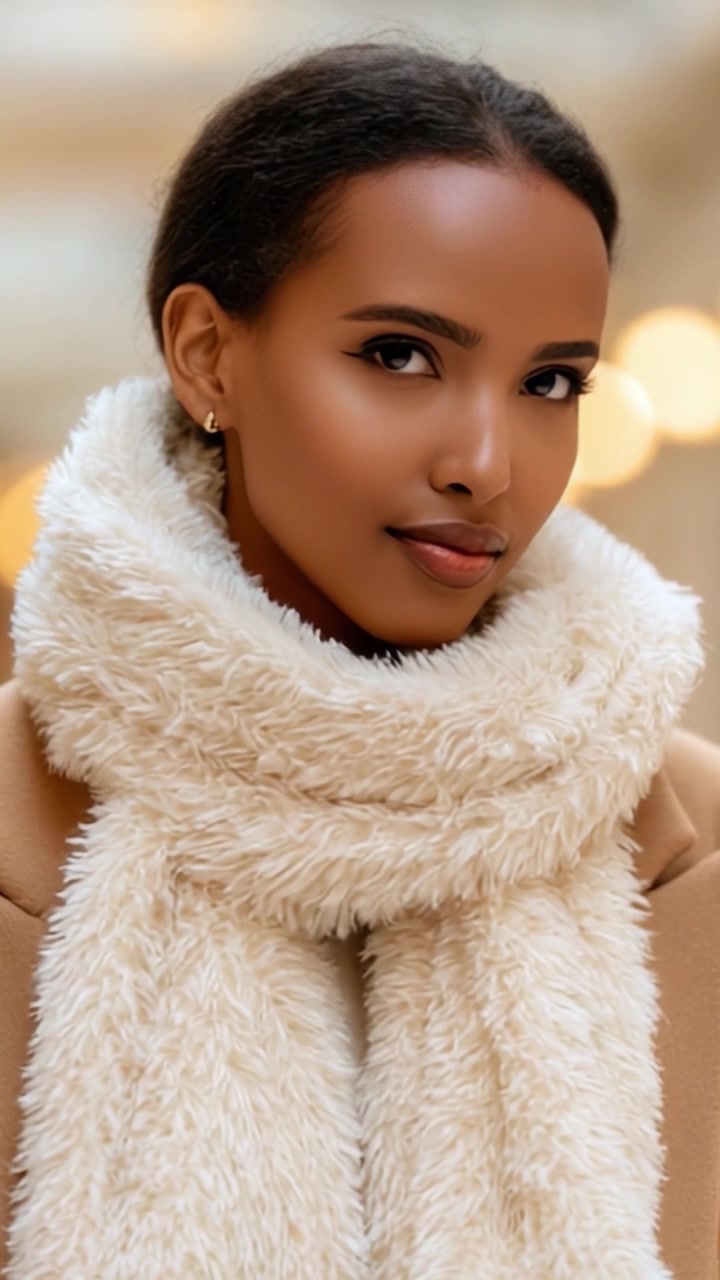 Mulher Elegante com Cachecol Luxuoso: Uma Transformação Cativante da Serenidade à Confiança em um Cenário de Inverno Elegante.