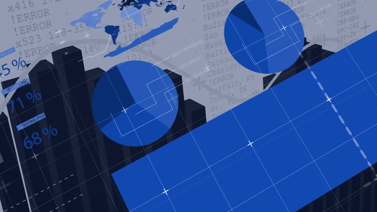 Dark blue 3D bars rising and data table sliding while dashboard animating data visualization
