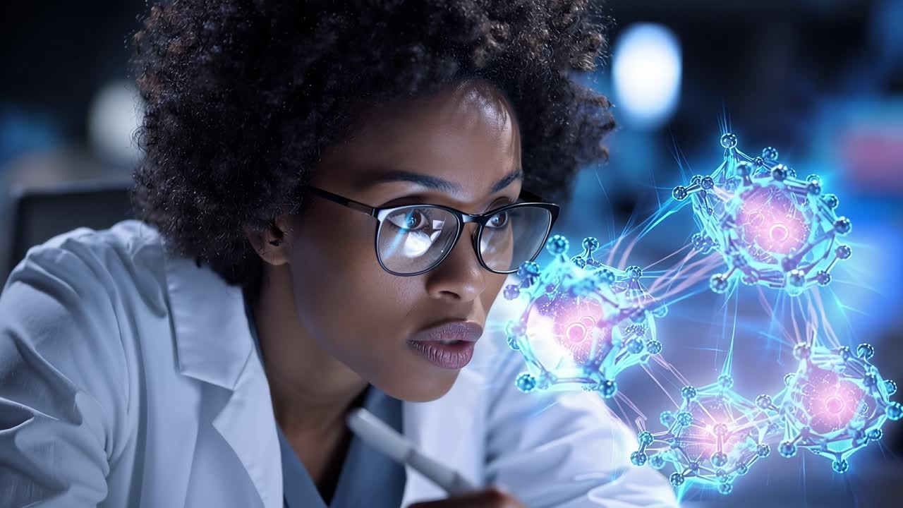 A focused scientist examines molecular structures with advanced technology, showcasing the intersection of research, innovation, and scientific discovery in a modern lab setting