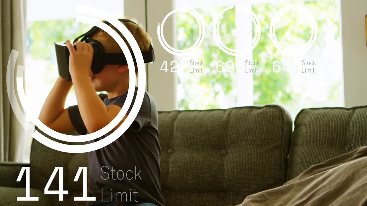 Wearing VR headset, child on couch with stock limit animation over scene