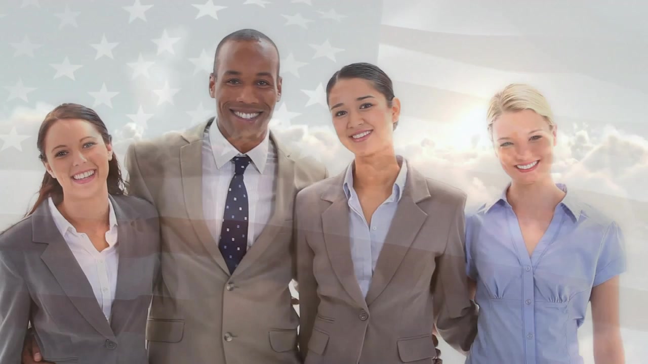Biz team walking on cue toward lens with cloud flag overlay, linking arms, settling-in for branding