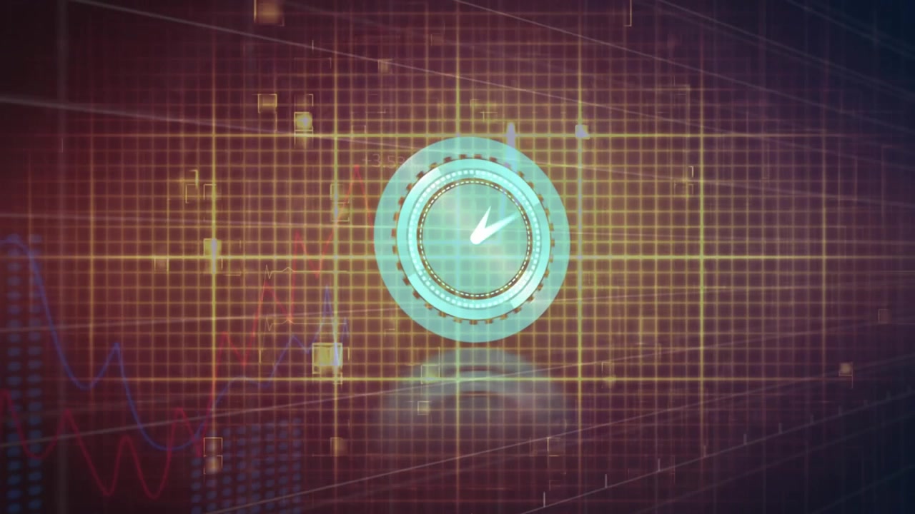 Animation of clock and cardiograph over data processing and shapes