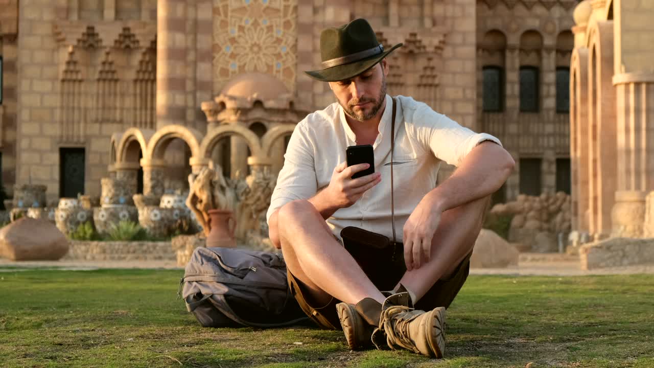 카우보이 스타일의 잘생긴 남자가 잔디에 앉아 전화를 하고 있다. mosque.egypt