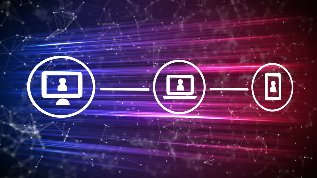 red de iconos de conexión contra la red de conexiones y rastros de luz coloridos