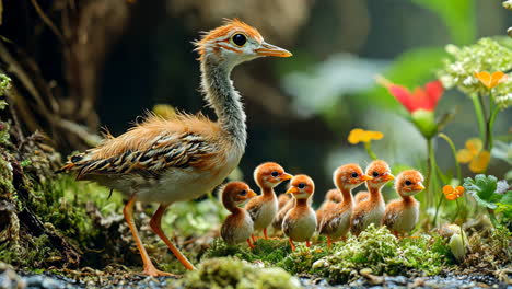 bird family walks through vibrant forest with young chicks