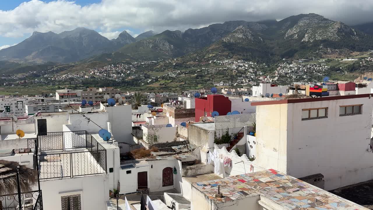 White Moroccan architecture of historical city of Tetuan from a Riad