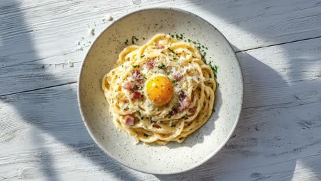 Delicioso-Plato-De-Pasta-Cremosa-A-La-Carbonara-Con-Yema-De-Huevo-Y-Panceta